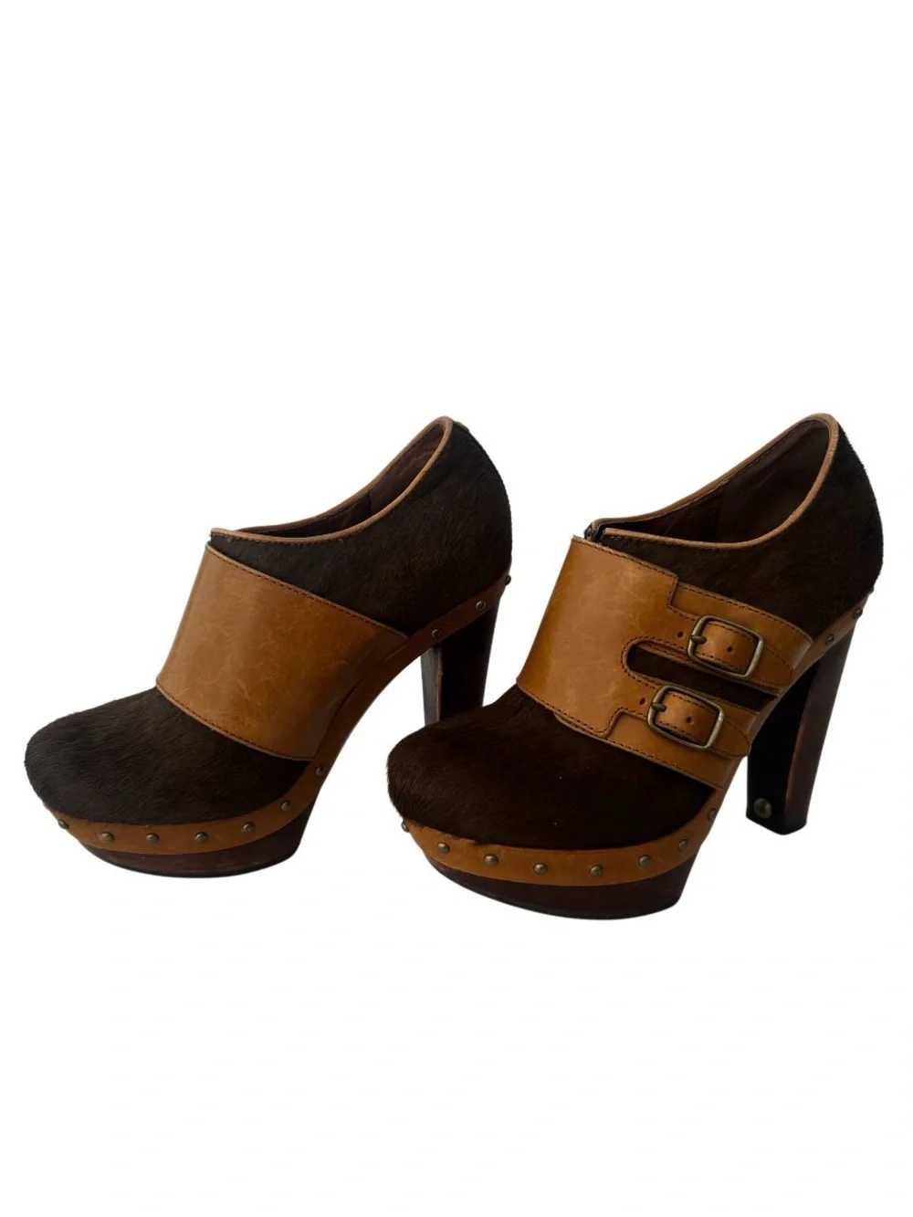 UGG Dark Brown and Tan Buckle Platform Heels